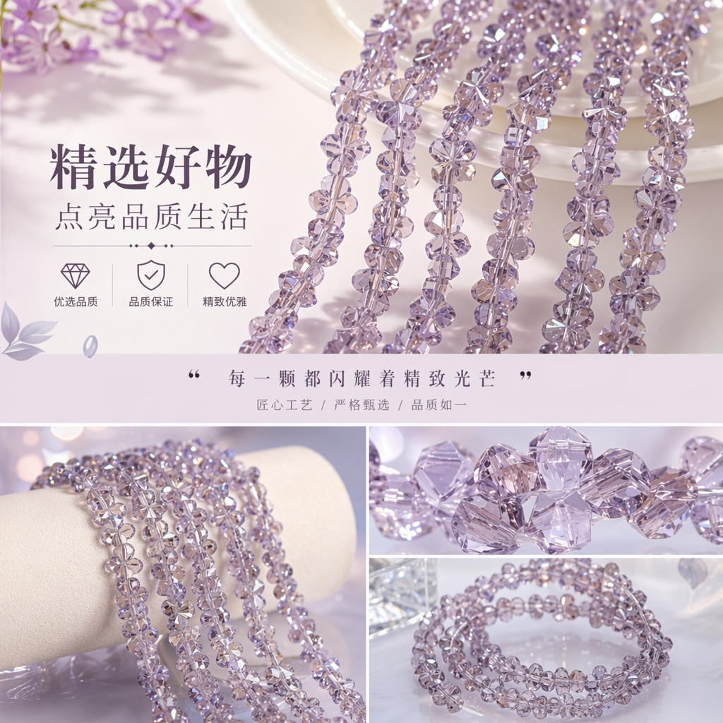 紫色水晶花形珠串 手链项链饰品 天然石手工编织详情1