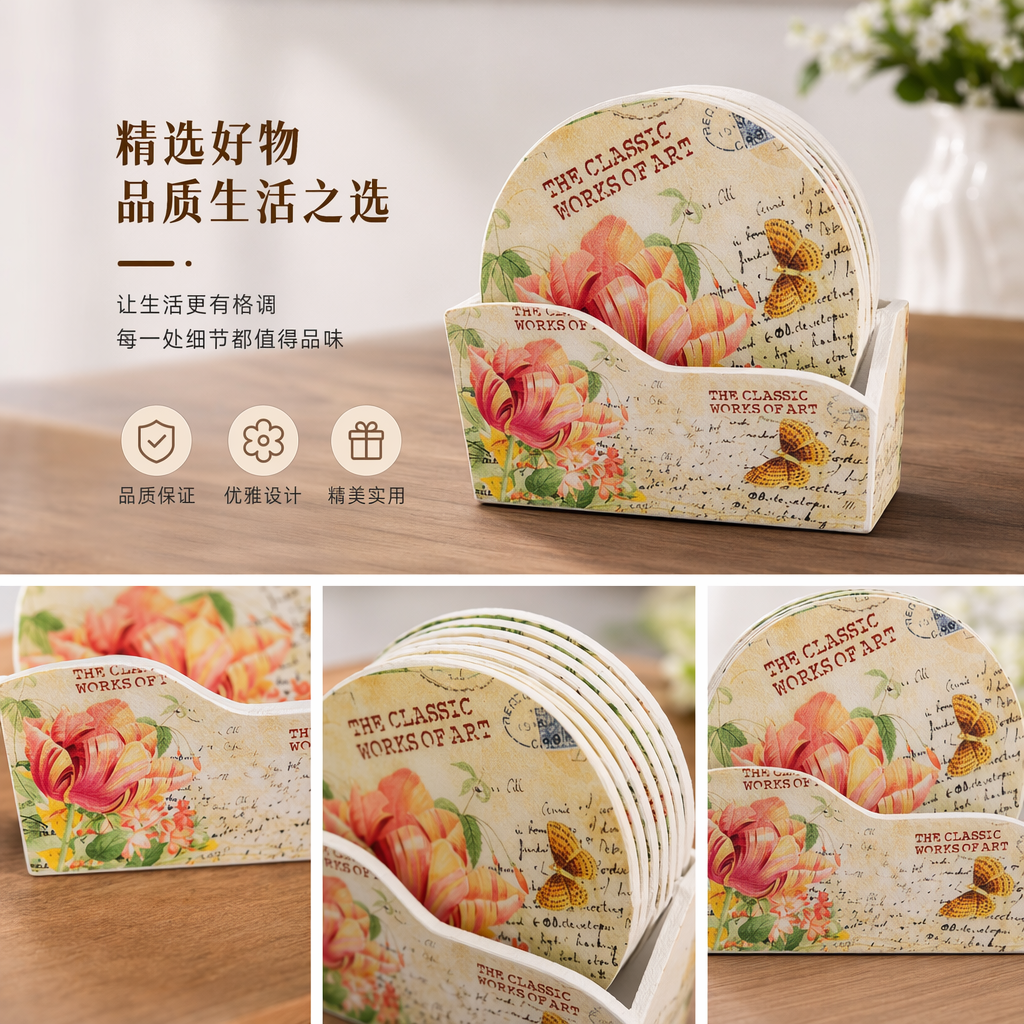 花卉图案硅藻泥PP杯垫套装 餐垫隔热垫详情1