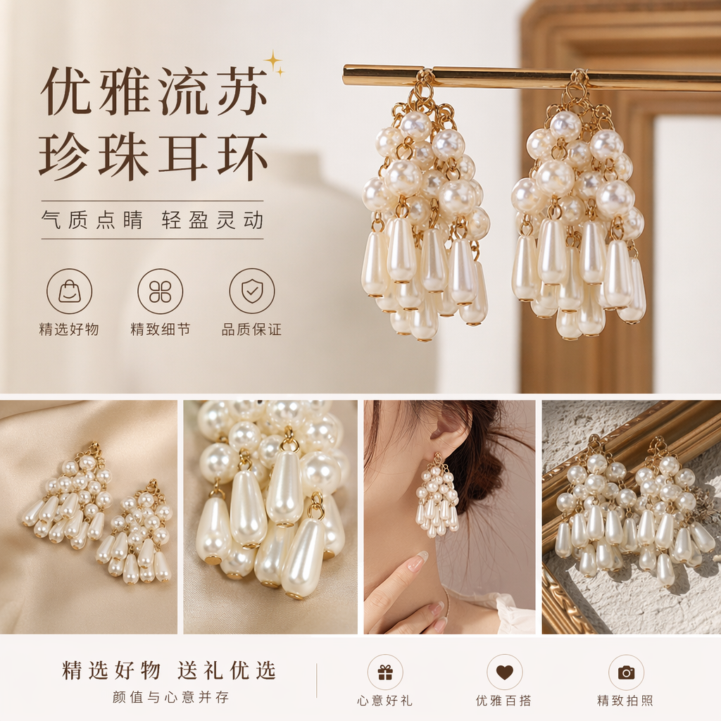 白色珍珠流苏耳环 时尚优雅女士耳饰详情1