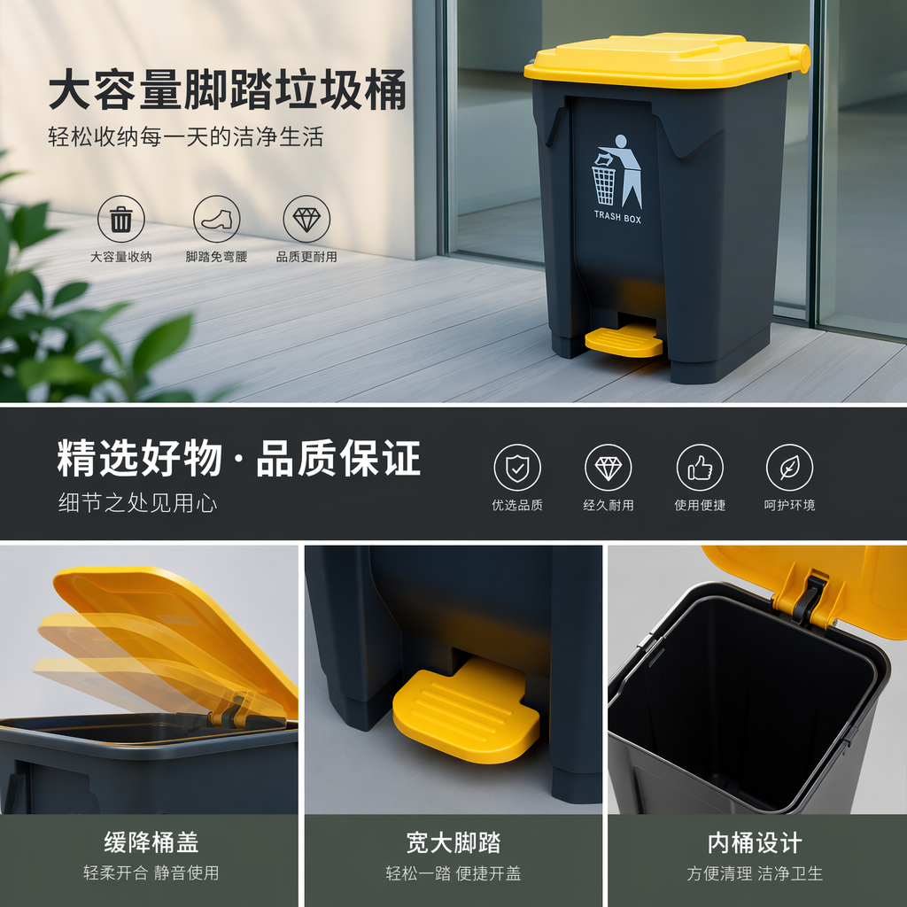 深灰色带黄色盖子脚踏式垃圾桶详情1