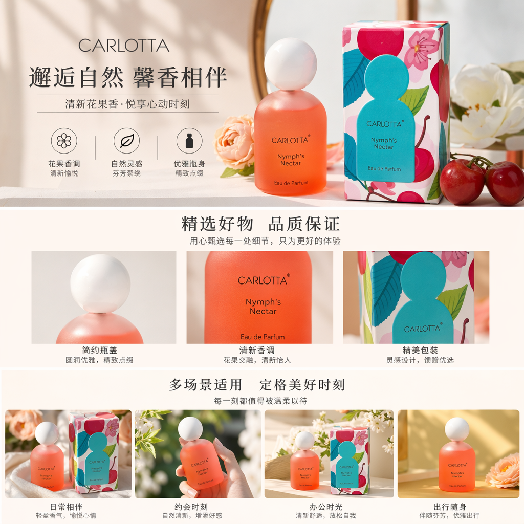 橙红色渐变瓶身配白色球形瓶盖彩色樱桃花卉图案香水详情1