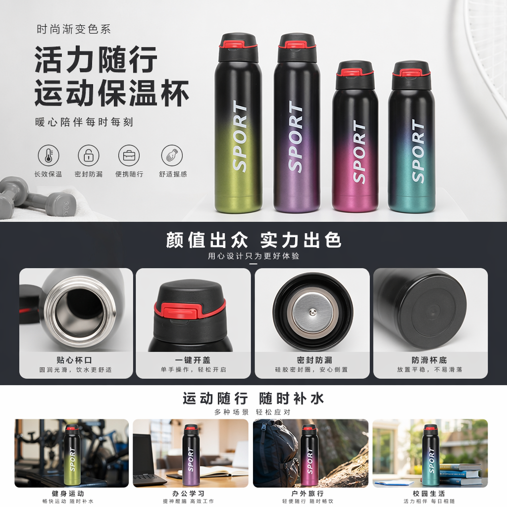 黑色渐变运动水杯 500ml 防漏便携大容量健身户外水壶详情1