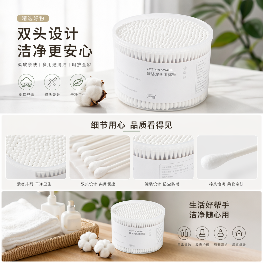 白色罐装双头圆棉签 卫生清洁耳道护理家用便携详情1