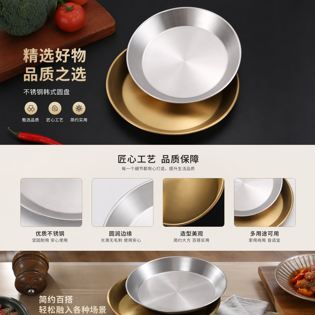 不锈钢韩式圆盘餐具配木制汤勺酒店用品详情1
