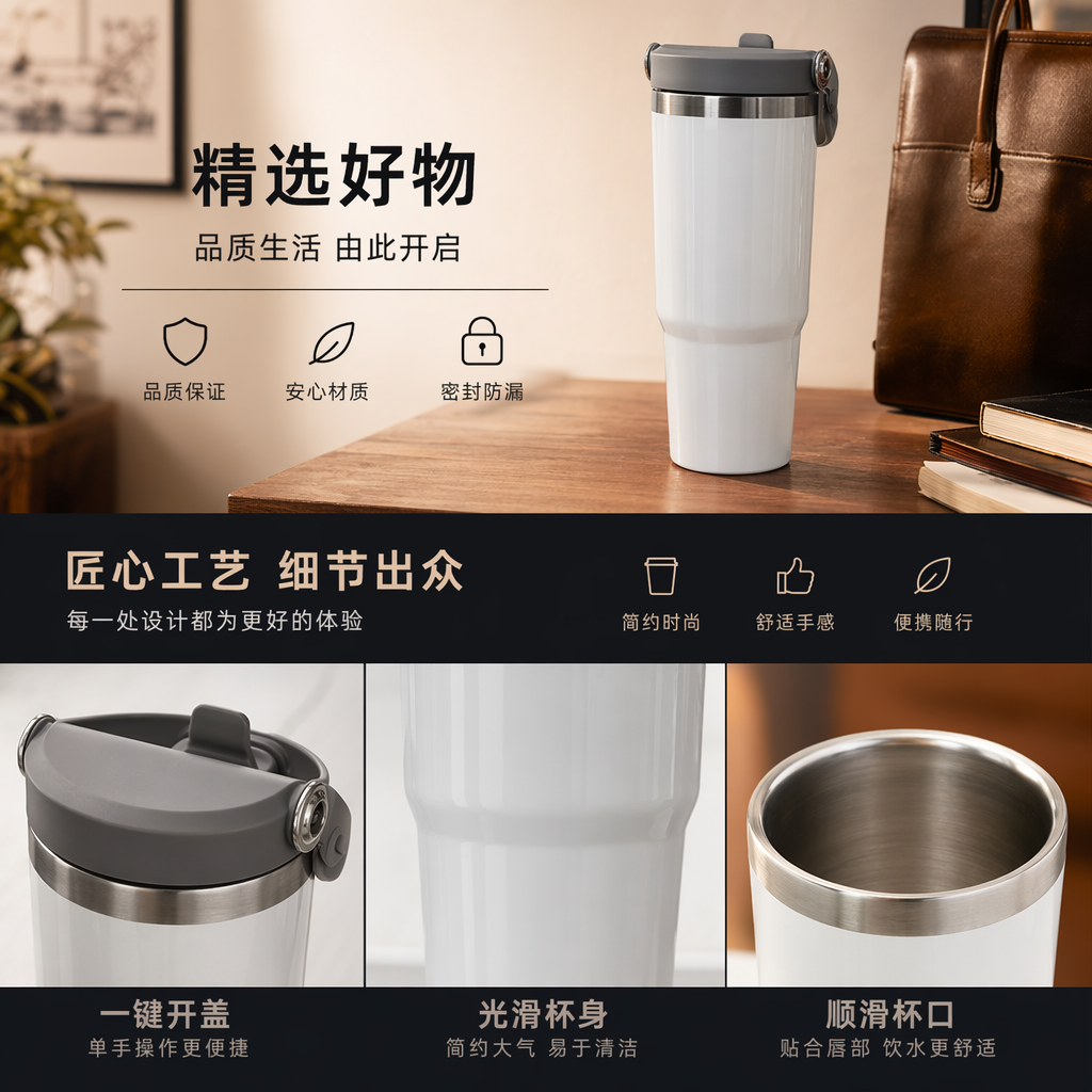 白色保温杯 304不锈钢真空隔热便携水杯热转印定制
详情1