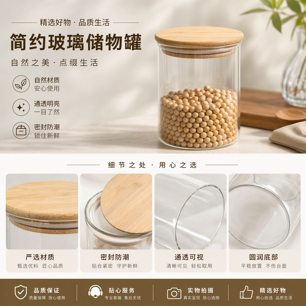 Xinchang transparent glass jar with bamboo lid, multi-functional kitchen storage glass bottle, glass products, glass tea jar, multi-functional kitchen storage pic 1