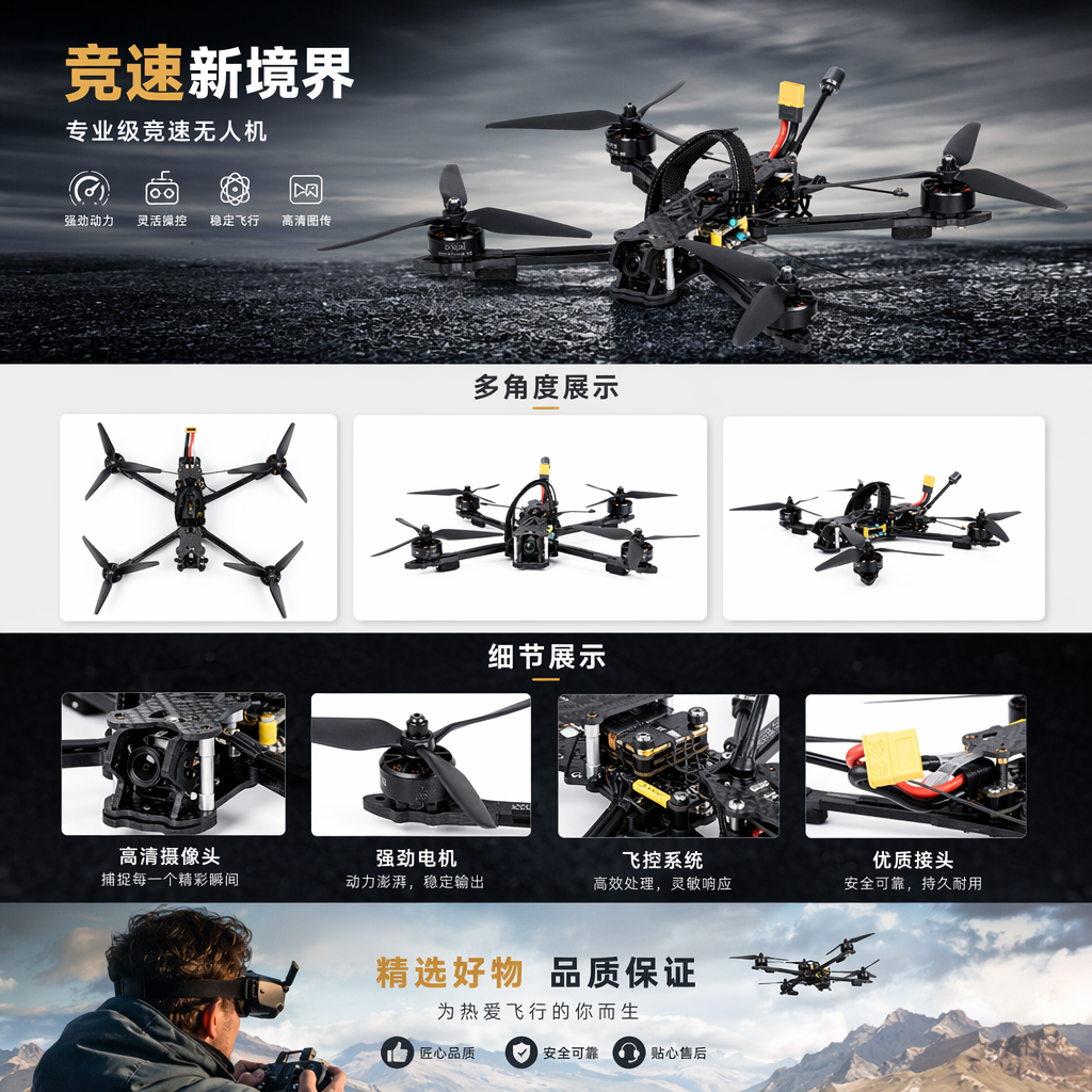 黑色无人机主体 航空铝材机身 轻量化设计 室内外通用详情2