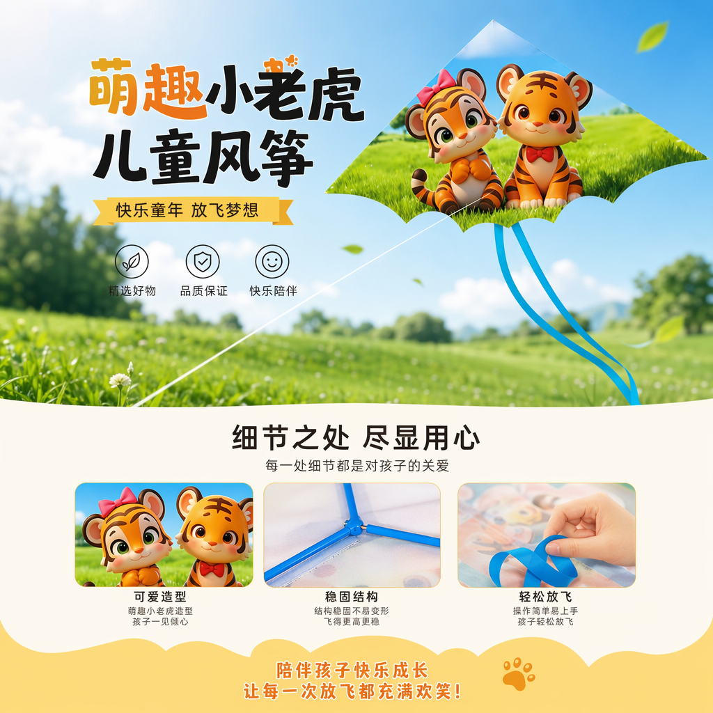 彩色风筝主体 卡通老虎幼崽草地蓝天绿地 蓝色飘带详情1