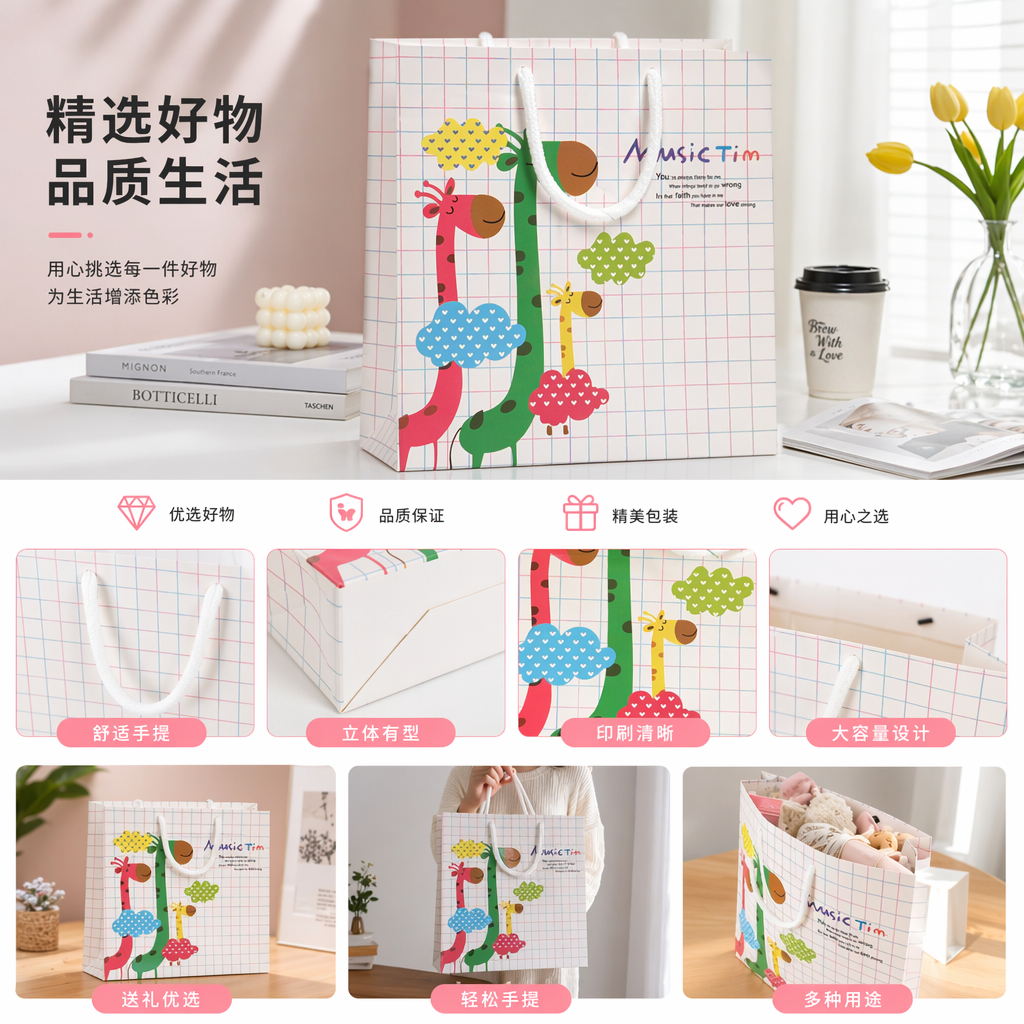 彩色格子背景卡通长颈鹿图案礼品袋详情1