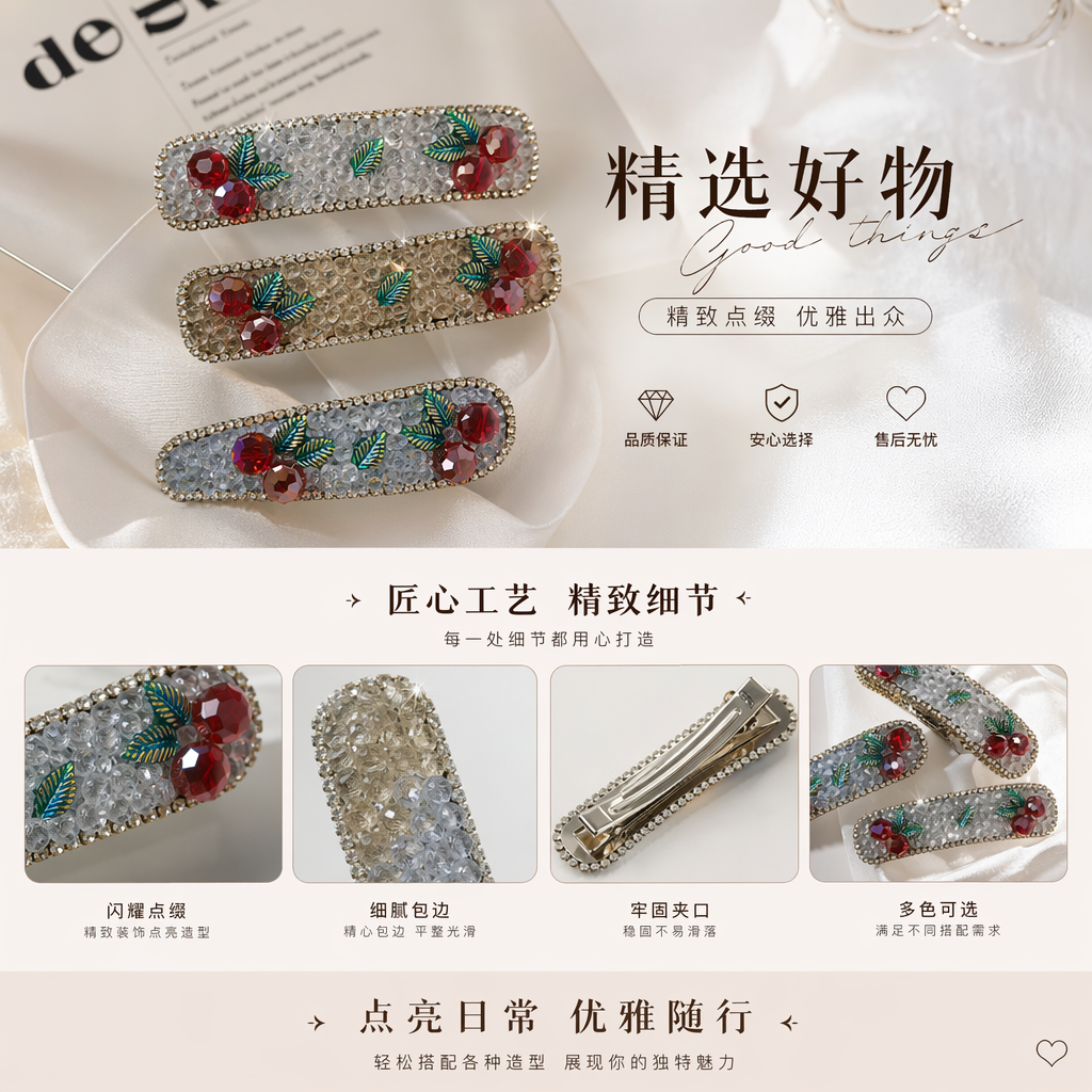 三款镶钻樱桃发夹 甜美可爱少女头饰饰品发卡详情1