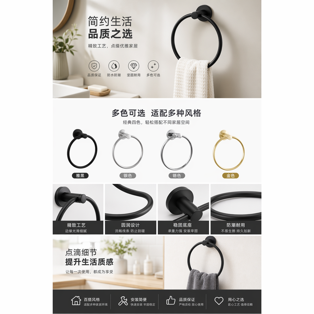 黑色银色镀铬金色毛巾环 家用浴室五金挂件详情1