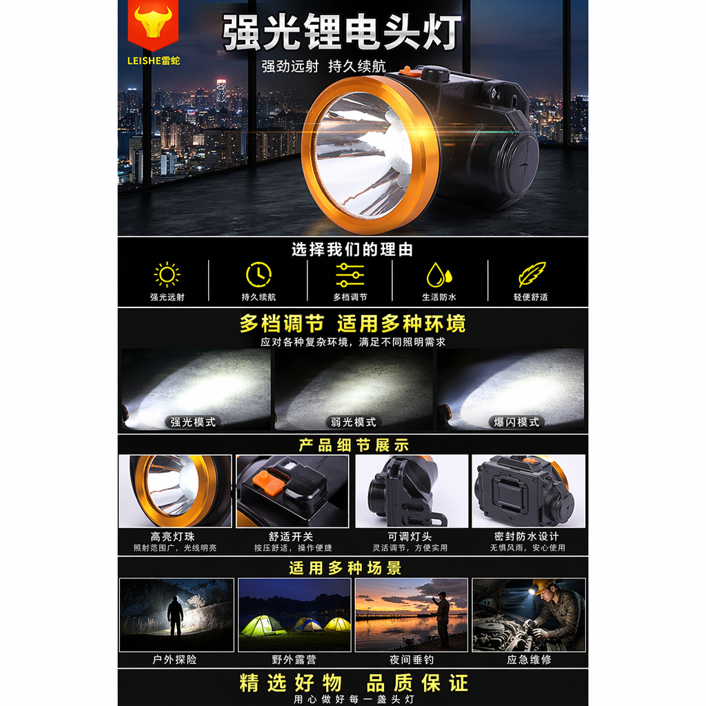 橙色边框强光锂电头灯 便携充电式户外照明工具详情1