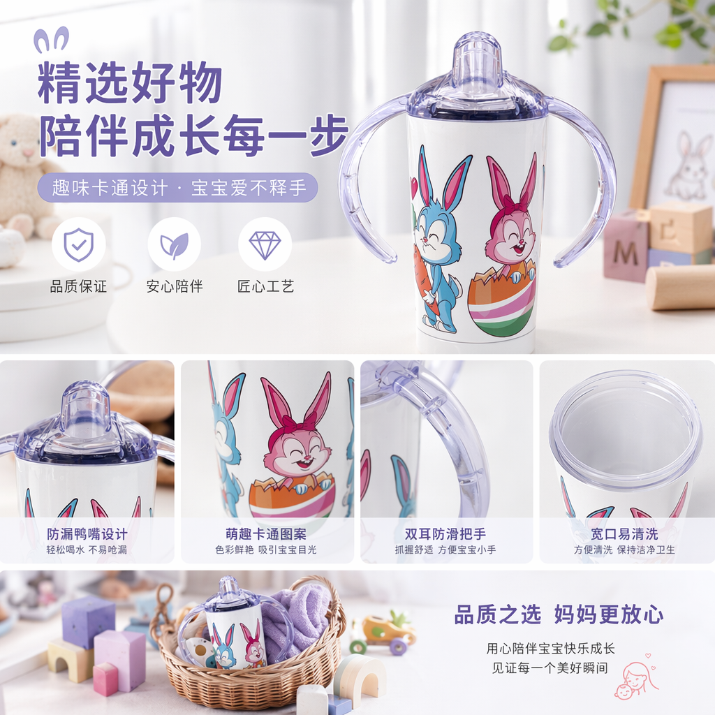 透明带手柄吸嘴杯 蓝粉卡通兔子图案 350ml 热转印详情1