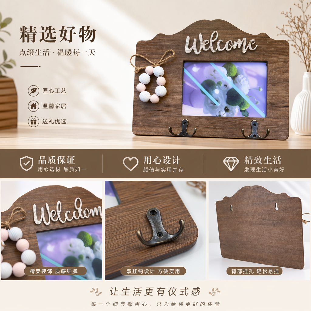 木质欢迎牌带相框挂钩左侧粉白珠串装饰详情1