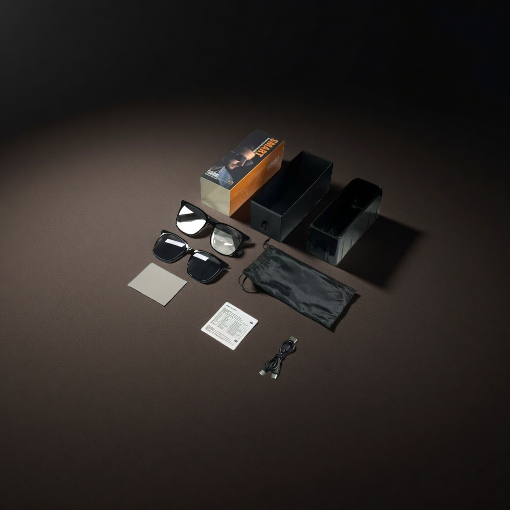 The black smart glasses and accessories support Bluetooth calls, high-definition video recording and have a long battery life Specification image