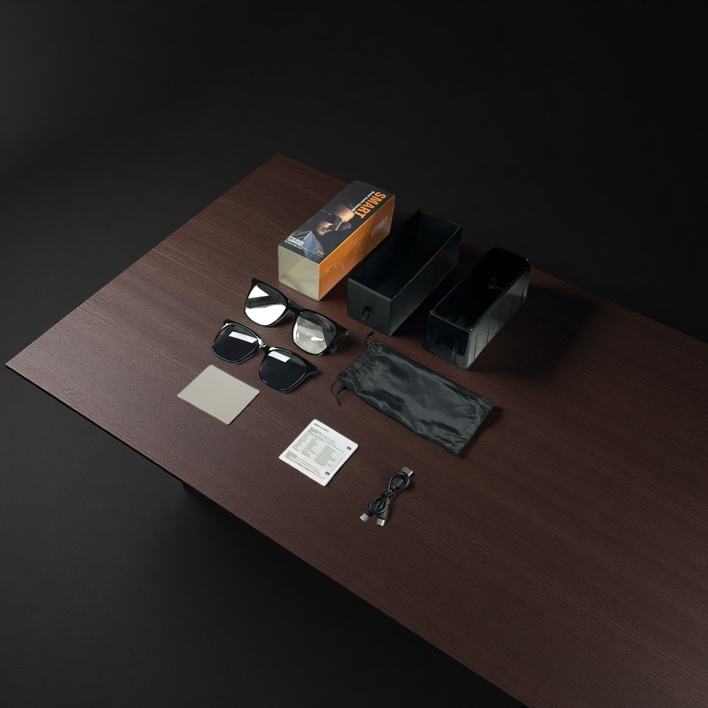 The black smart glasses and accessories support Bluetooth calls, high-definition video recording and have a long battery life Application Scenario