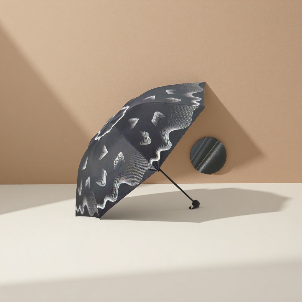 The black wavy pattern all-weather umbrella is waterproof, sun-proof, sunshade and foldable for portability Specification image