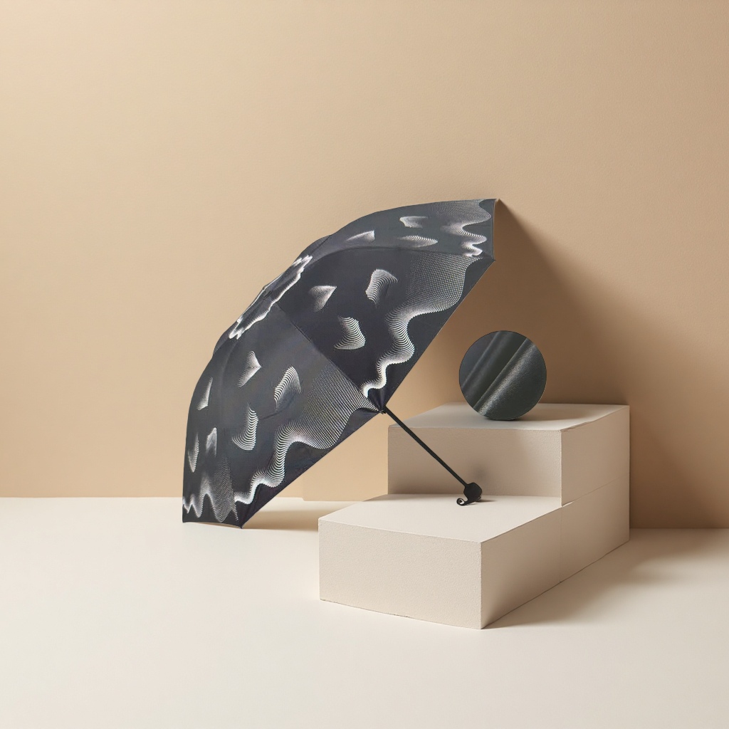 The black wavy pattern all-weather umbrella is waterproof, sun-proof, sunshade and foldable for portability details Picture