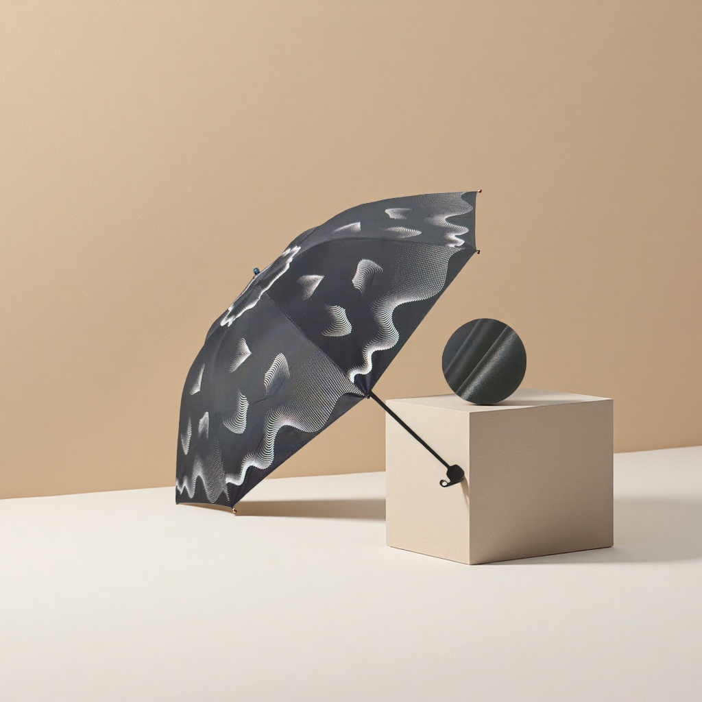The black wavy pattern all-weather umbrella is waterproof, sun-proof, sunshade and foldable for portability Application Scenario
