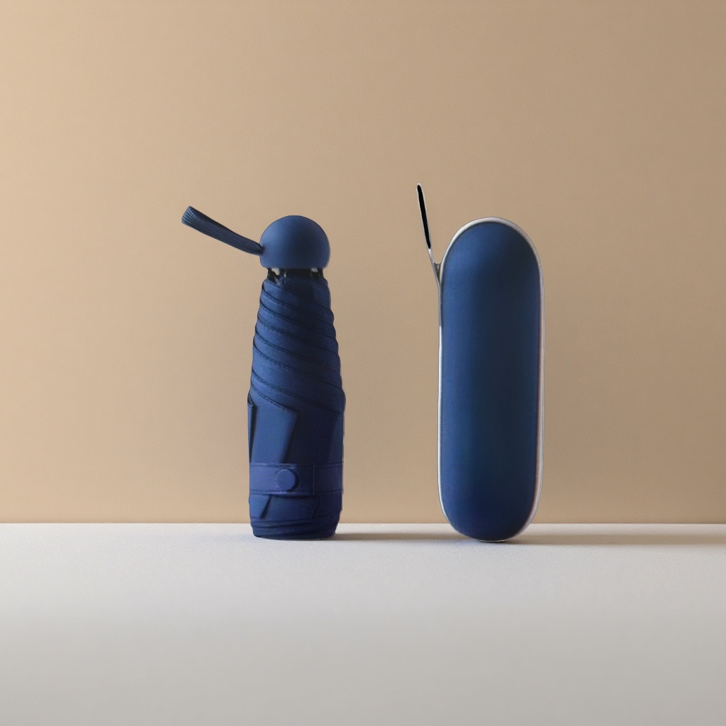 A deep blue self-opening and closing folding umbrella with a dedicated umbrella cover for portable sun protection and rain protection Specification image