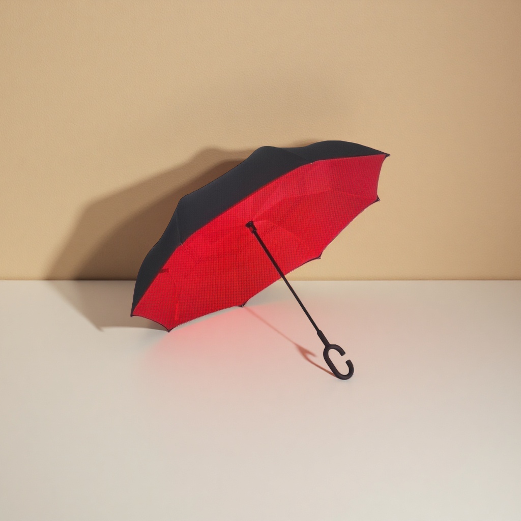 This red and black dual-color umbrella with a reverse handle is waterproof, sun-proof, portable and automatically opens and closes Application Scenario
