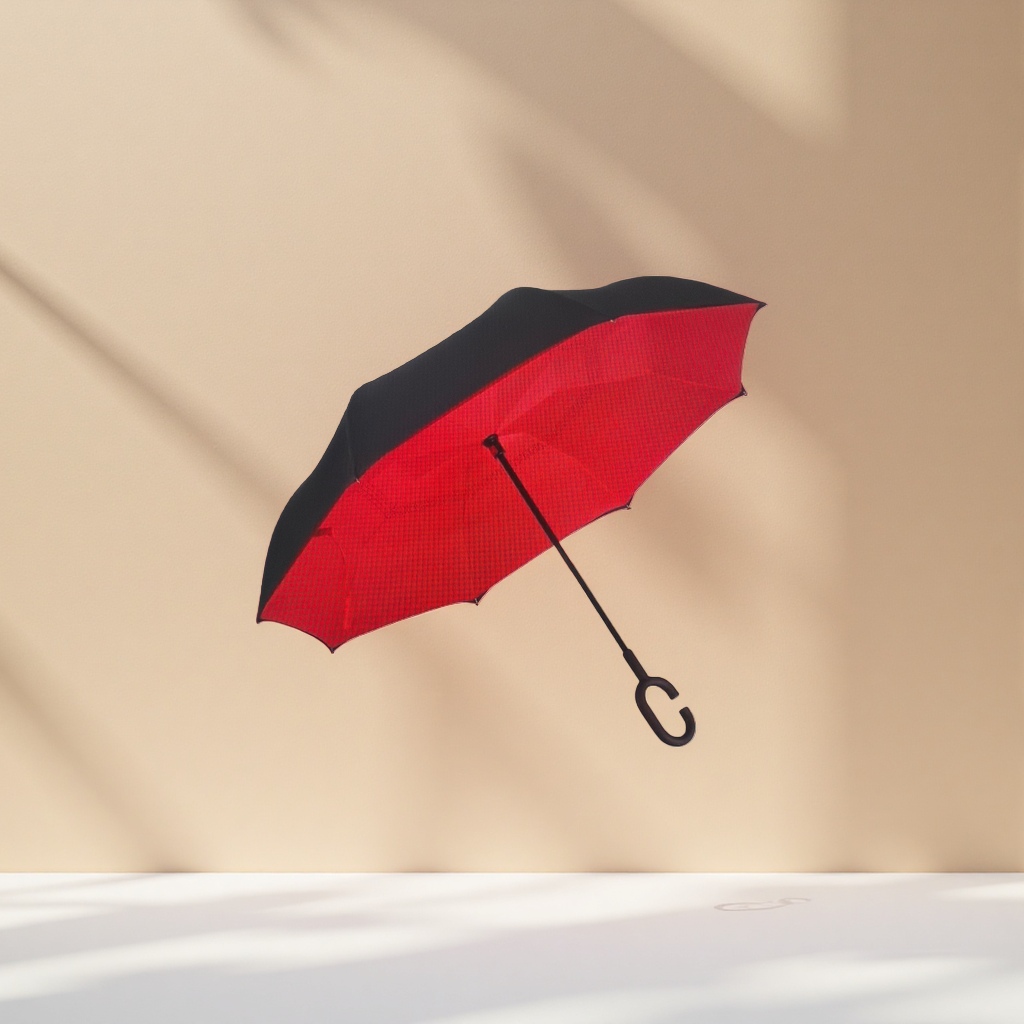 This red and black dual-color umbrella with a reverse handle is waterproof, sun-proof, portable and automatically opens and closes details Picture