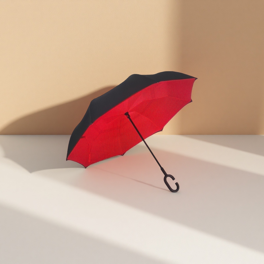 This red and black dual-color umbrella with a reverse handle is waterproof, sun-proof, portable and automatically opens and closes Specification image