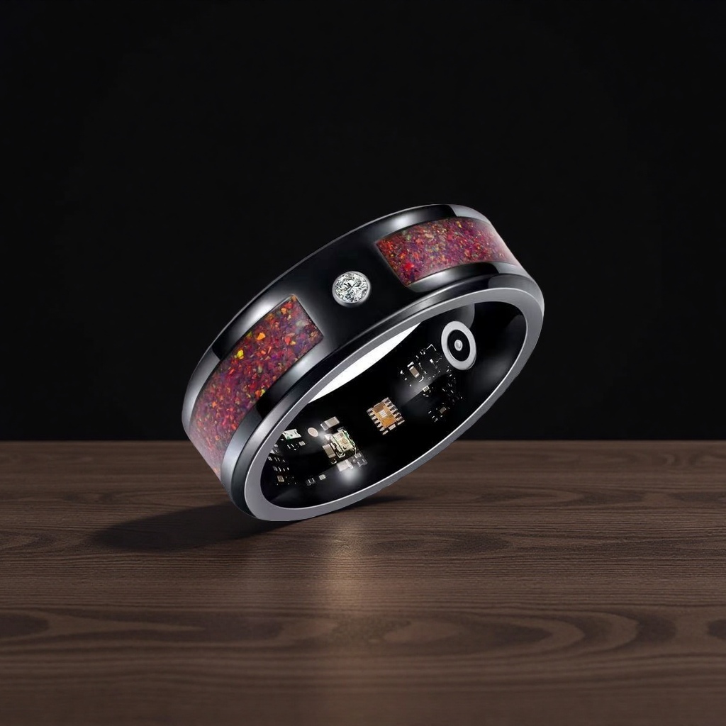 The black smart ring is set with red-spotted gemstones and diamonds and is embedded with circuit components