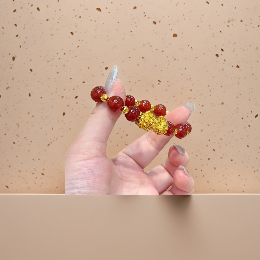 红色珠子金貔貅手链 时尚招财情侣款男女通用