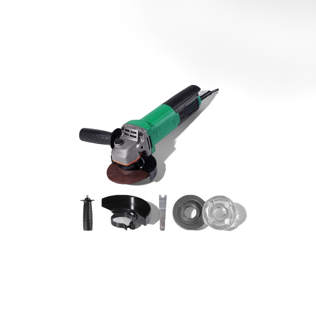 The green and black Angle grinder has an industrial-grade metal casing and is a handheld grinding tool Specification image