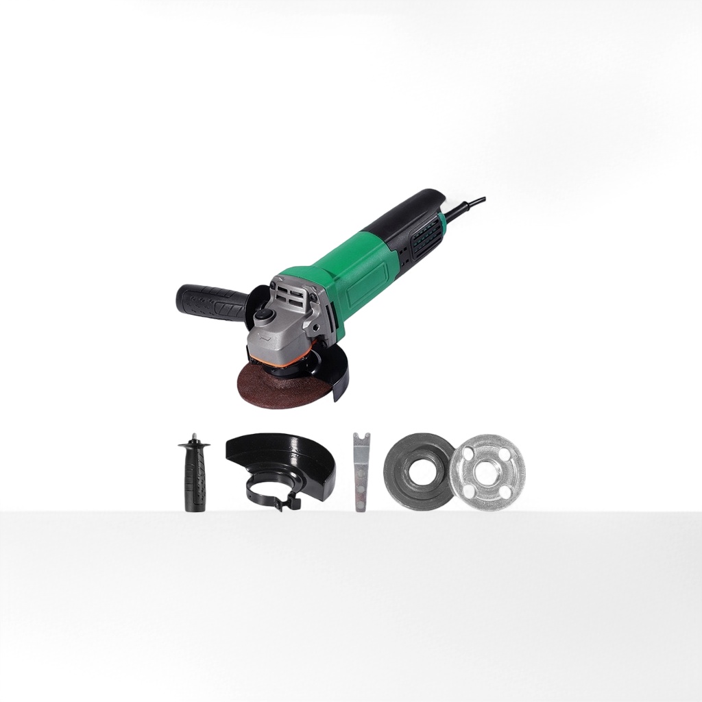 The green and black Angle grinder has an industrial-grade metal casing and is a handheld grinding tool details Picture