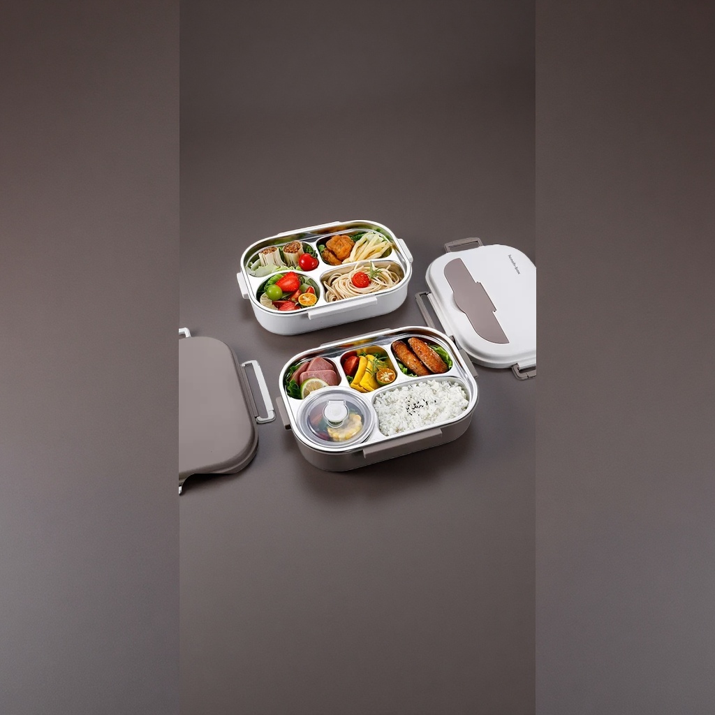 白色分格保温饭盒 便携式不锈钢 lunchbox 隔层设计