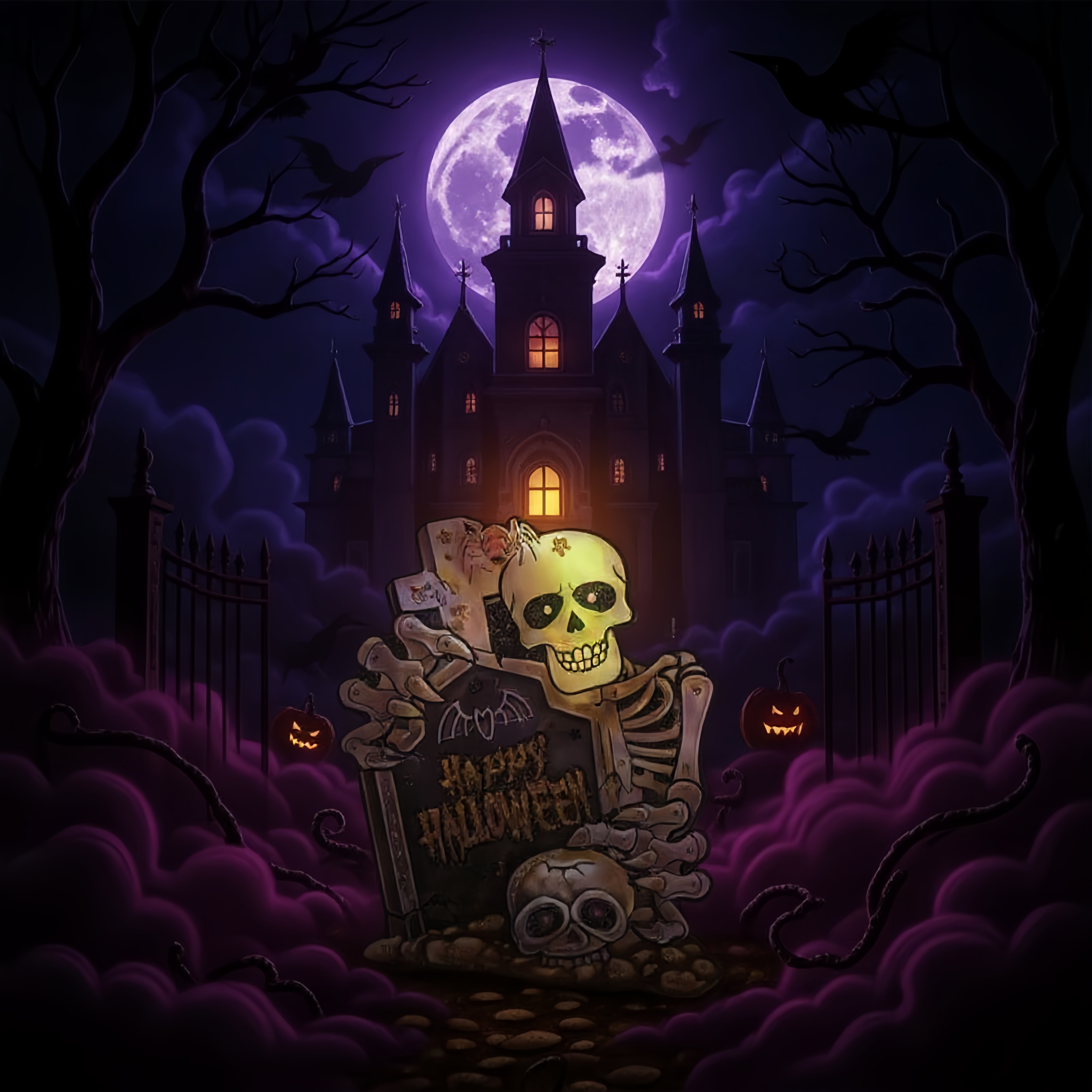 彩色发光万圣节装饰贴纸 Happy Halloween 骷髅南瓜灯墓碑亡灵节