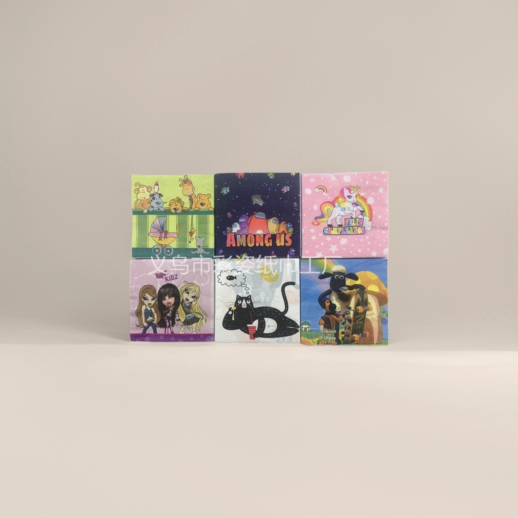 Six cartoon pattern animals on colored tissues AmongUs Unicorn Bratz Black Cat ShauntheSheep details Picture