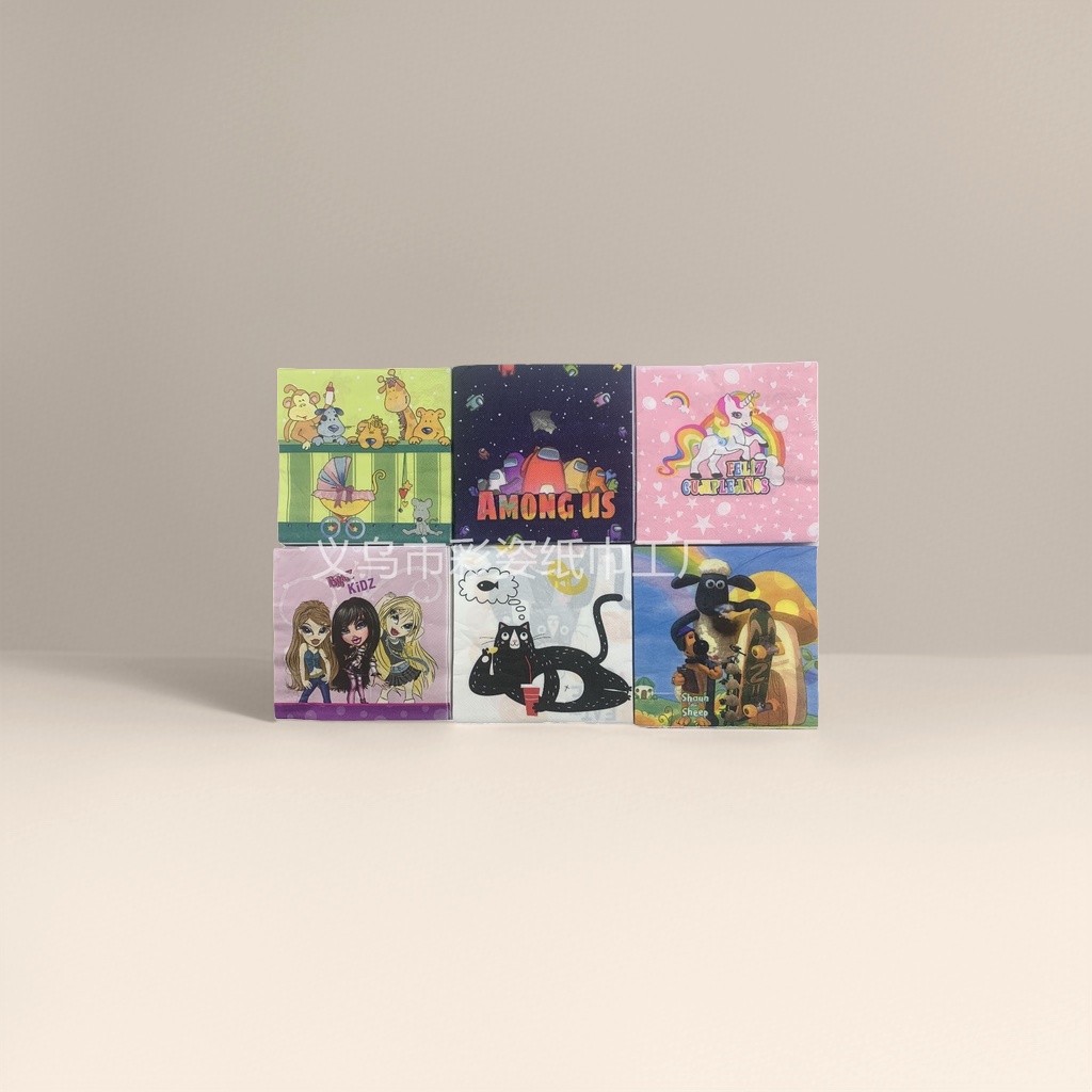 Six cartoon pattern animals on colored tissues AmongUs Unicorn Bratz Black Cat ShauntheSheep Specification image