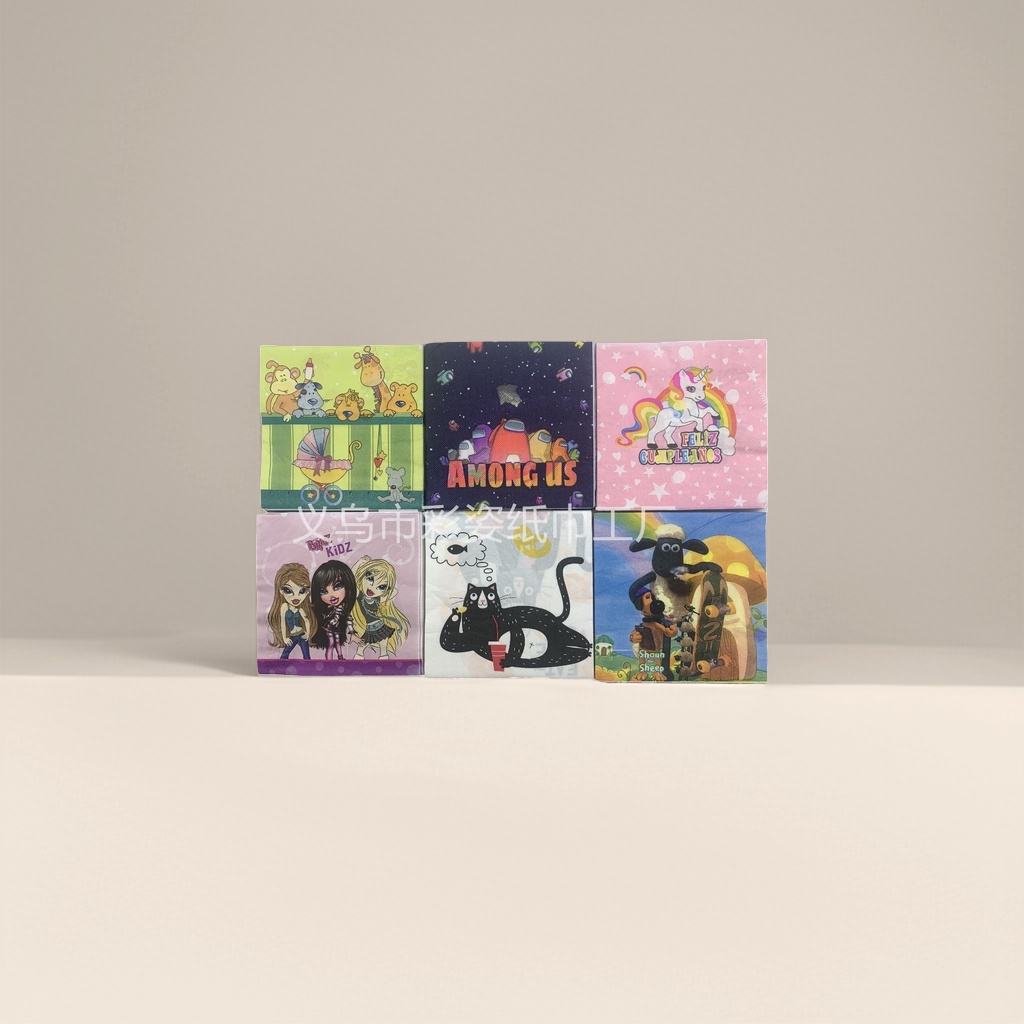 Six cartoon pattern animals on colored tissues AmongUs Unicorn Bratz Black Cat ShauntheSheep Six cartoon pattern animals on colored tissues AmongUs Unicorn Bratz Black Cat ShauntheSheep