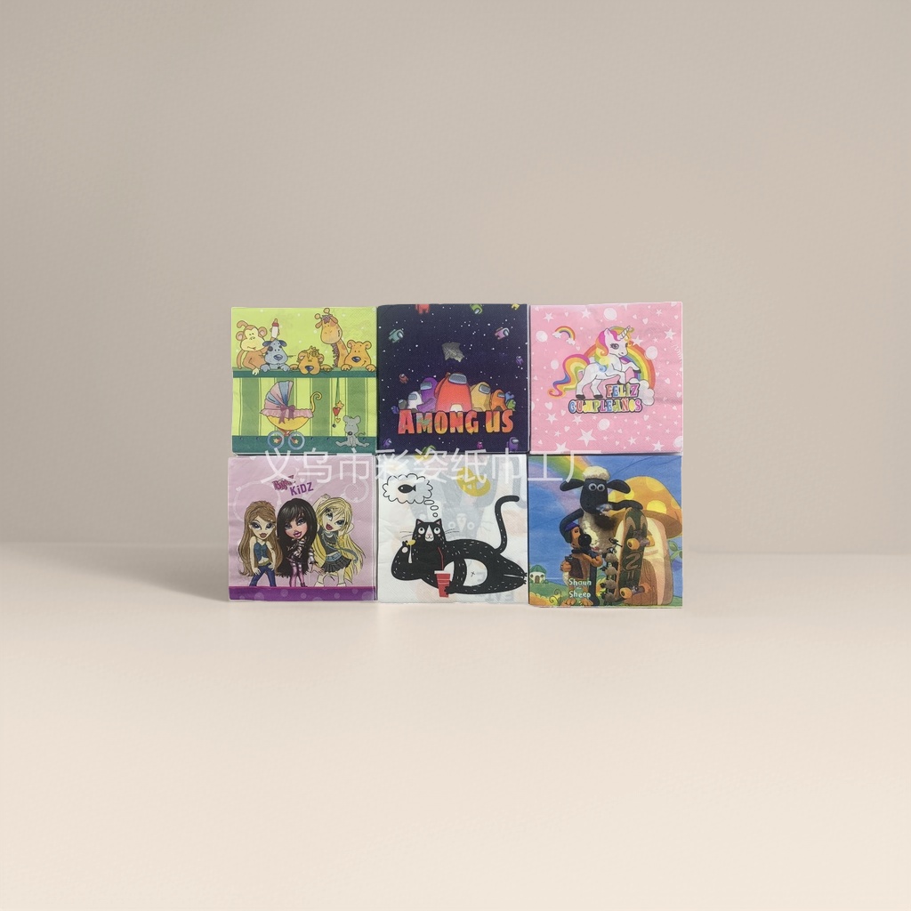 Six cartoon pattern animals on colored tissues AmongUs Unicorn Bratz Black Cat ShauntheSheep Application Scenario
