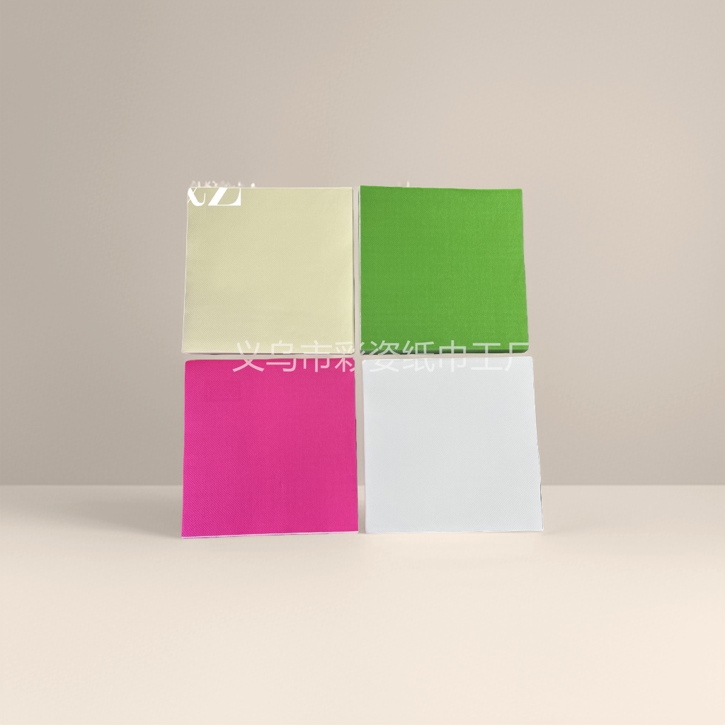 Four-color square tissues, beige, green, pink and white, stacked in four layers, 100% virgin wood pulp, flexible and skin-friendly Four-color square tissues, beige, green, pink and white, stacked in four layers, 100% virgin wood pulp, flexible and skin-friendly
