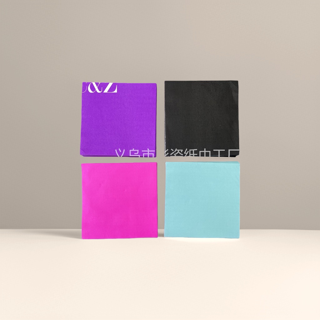 Four stacks of colored tissues, each in purple, black, pink and light blue details Picture