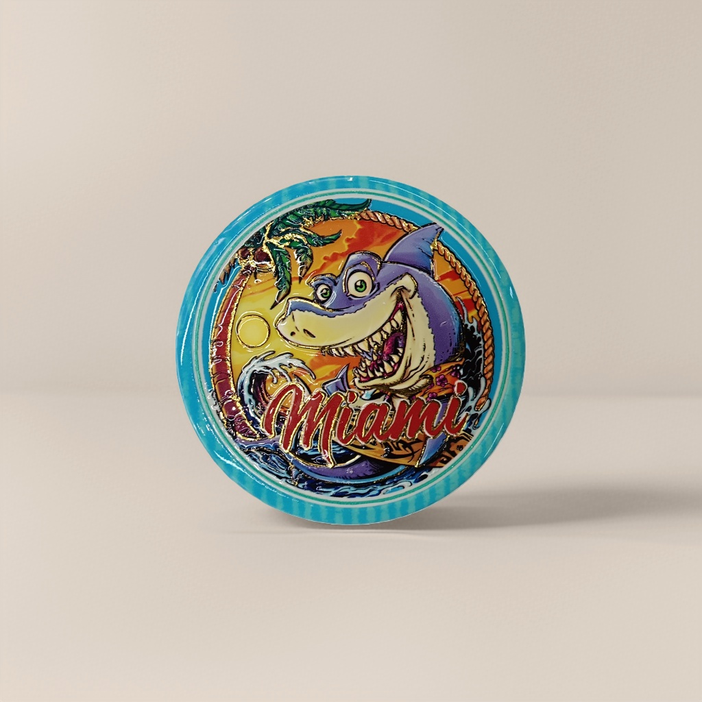 紫色鲨鱼卡通彩色圆形徽章i棕榈树海浪背景铁皮画