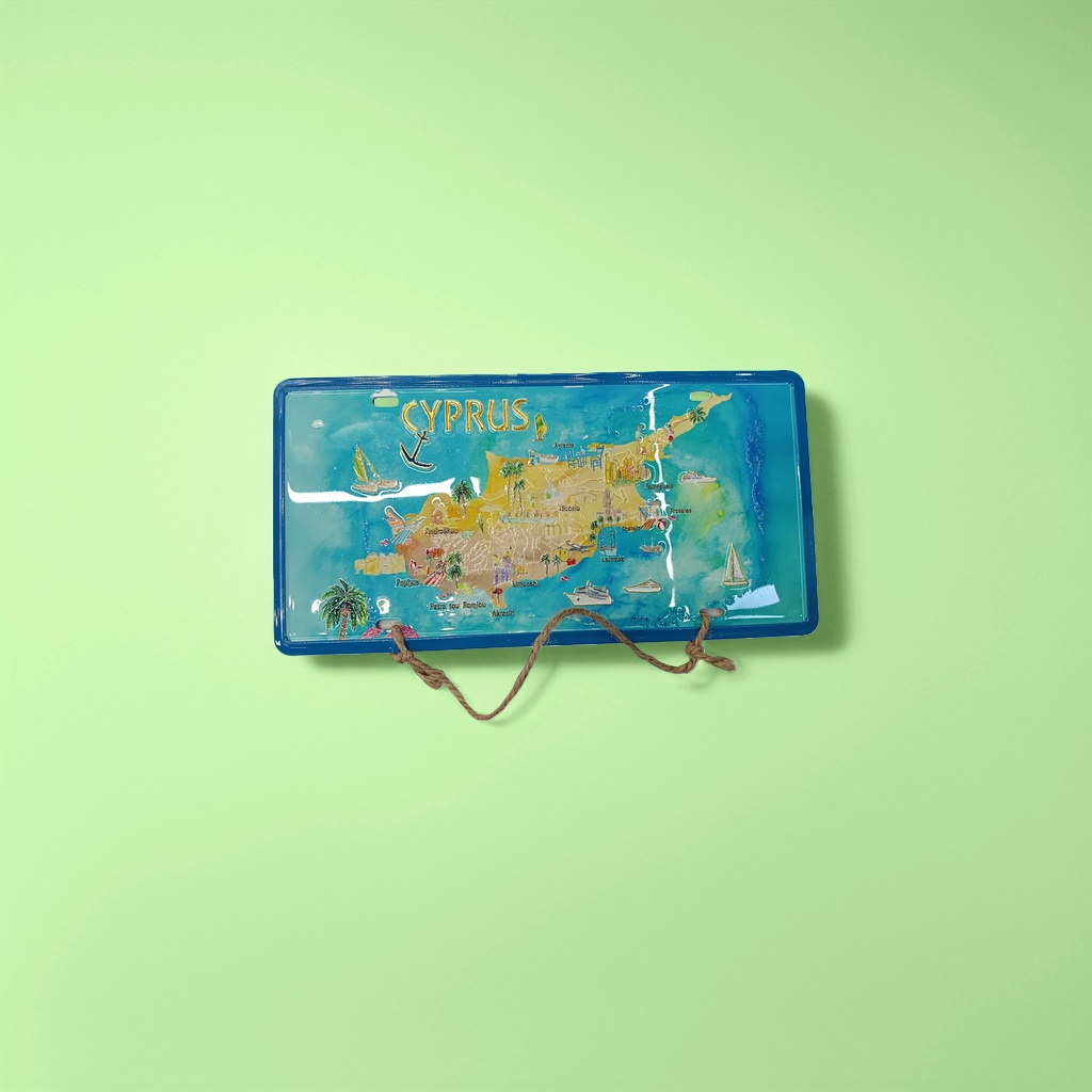蓝色边框塞浦路斯岛彩色插画地图装饰牌 金色CYPRUS帆船棕榈树地标城市名 麻绳挂饰