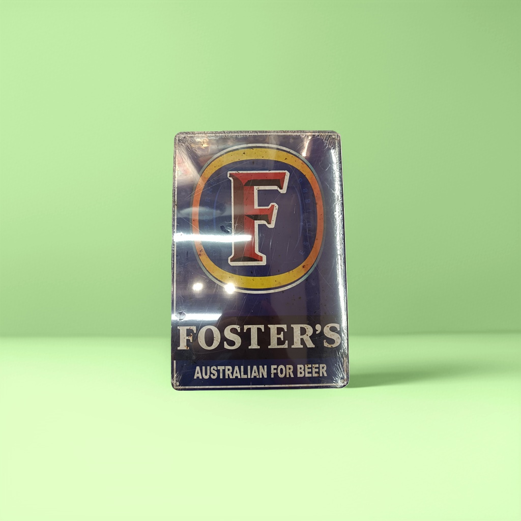 深蓝色复古啤酒广告牌铁皮画 红色F字母黄橙圆环 白色FOSTERS澳啤标语 带划痕反光透明膜