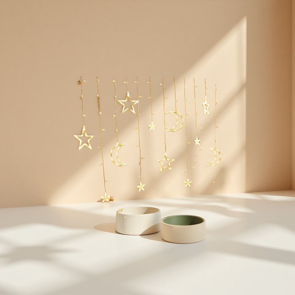 Warm yellow star and moon-shaped light strings decorate the atmosphere with small night lights for festival arrangements