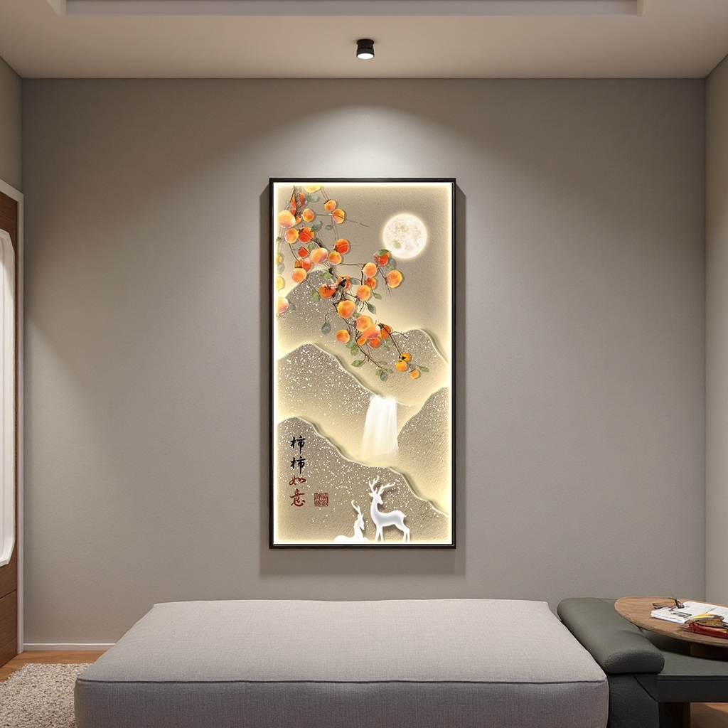 Luminous landscape painting decorative painting: Orange persimmons hanging on the branches, bright moon, mountains, waterfalls, white deer, cranes, and everything going well Specification image