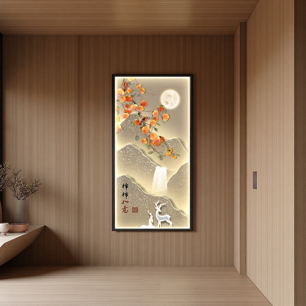 Luminous landscape painting decorative painting: Orange persimmons hanging on the branches, bright moon, mountains, waterfalls, white deer, cranes, and everything going well Application Scenario