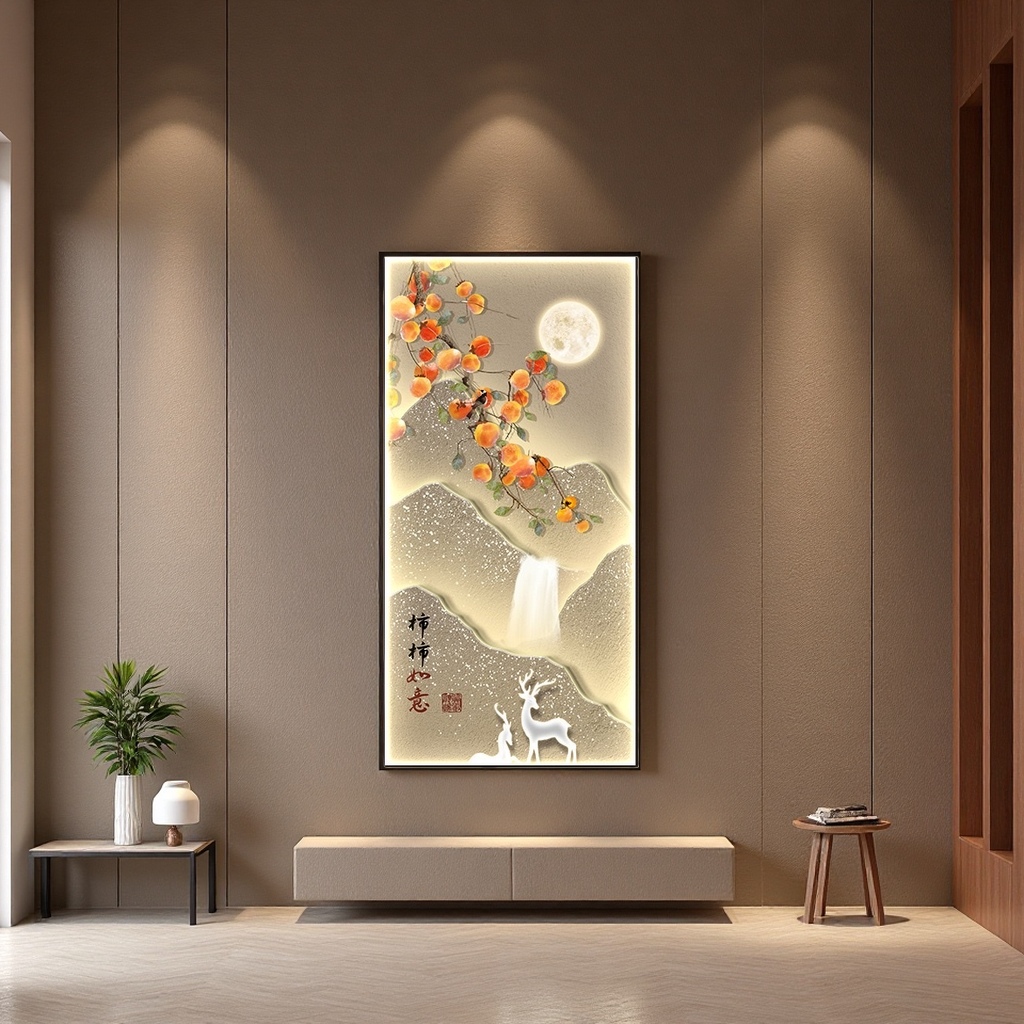 Luminous landscape painting decorative painting: Orange persimmons hanging on the branches, bright moon, mountains, waterfalls, white deer, cranes, and everything going well