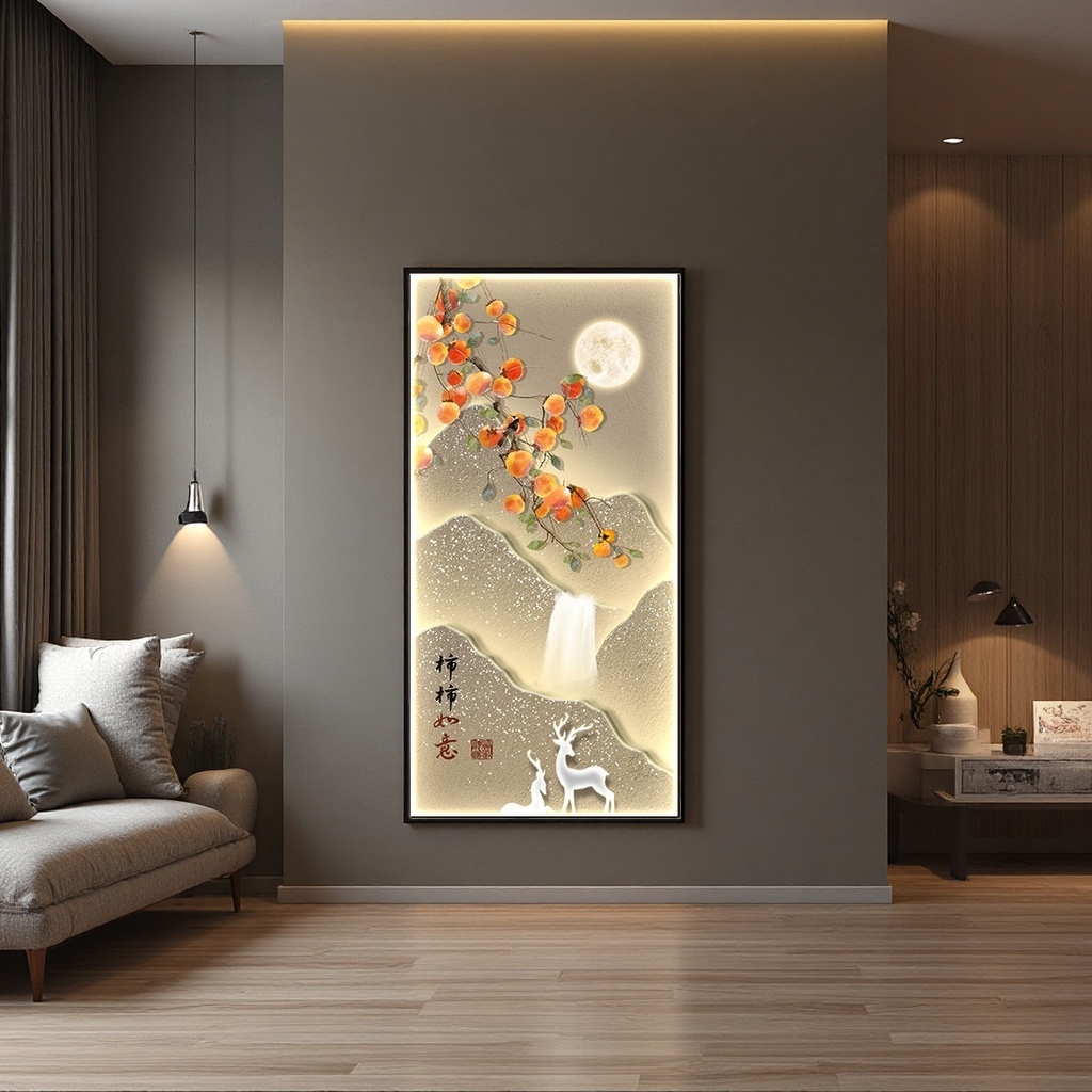 Luminous landscape painting decorative painting: Orange persimmons hanging on the branches, bright moon, mountains, waterfalls, white deer, cranes, and everything going well details Picture