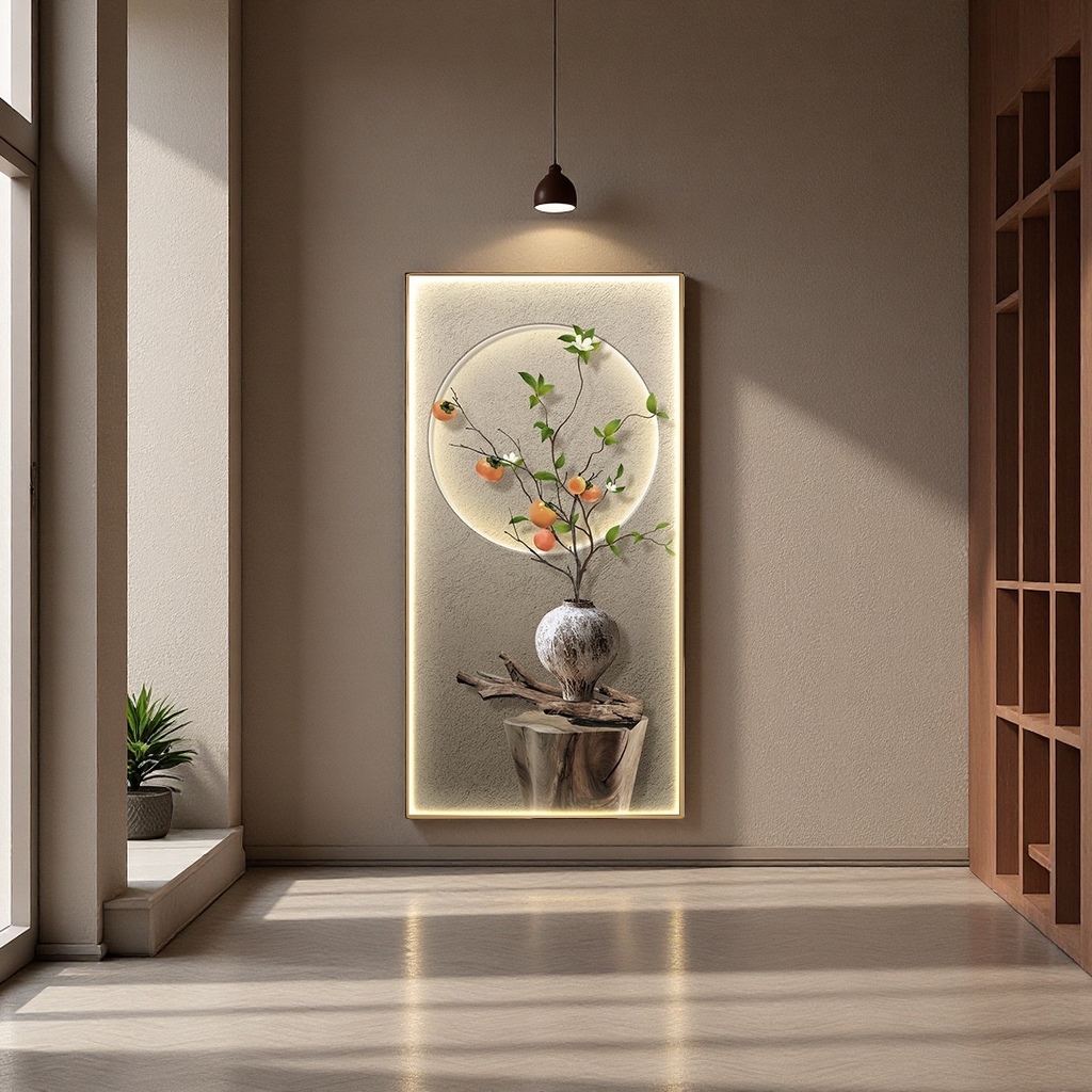Luminous background wall paintings, persimmon branch flower arrangement decorative paintings, living room and bedroom soft decoration hanging paintings
