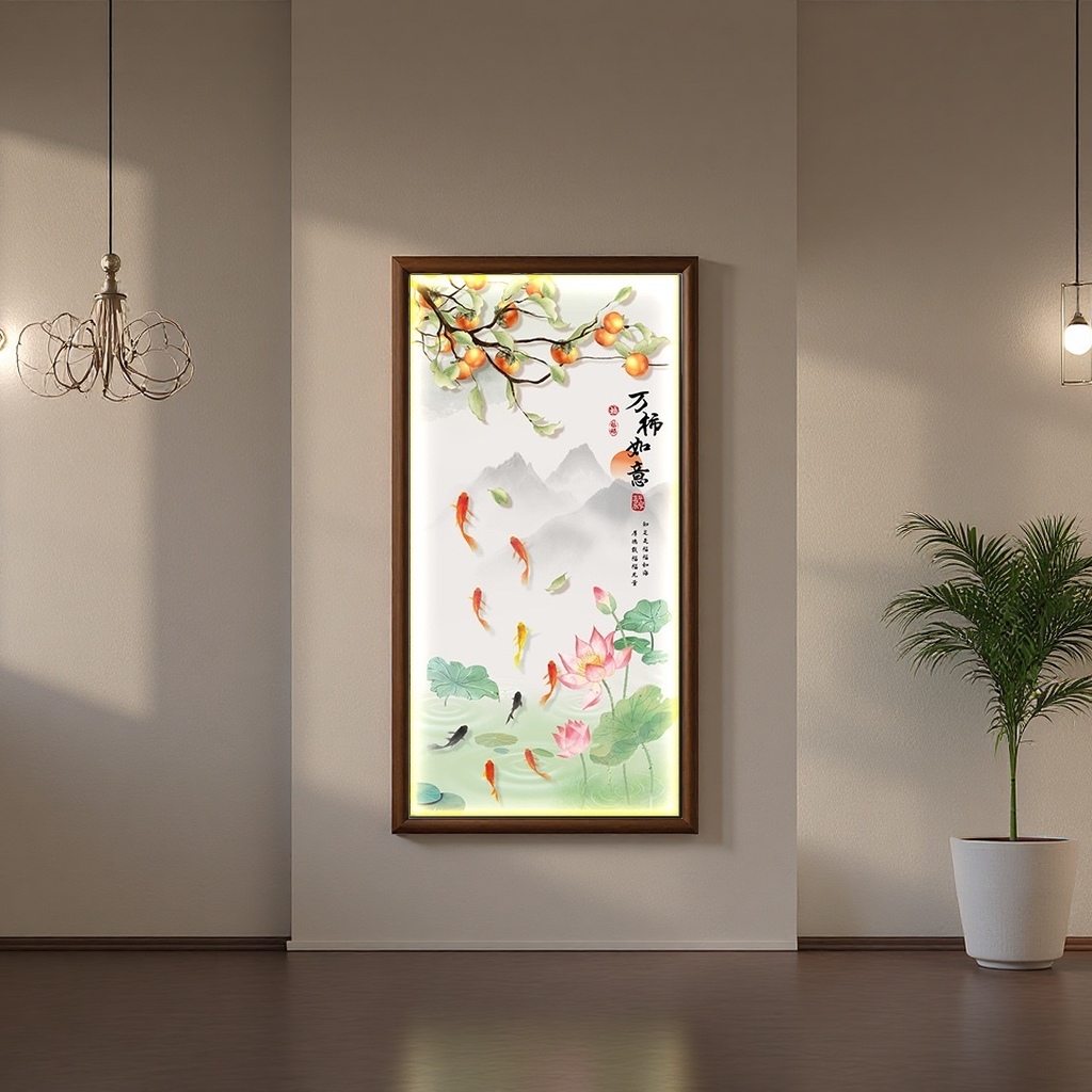 Vertical wall hanging of ink-wash painting style persimmon swimming fish lotus decorative painting, calligraphy of "Ten Thousand persimmons as One Wishes", distant mountains and clouds details Picture