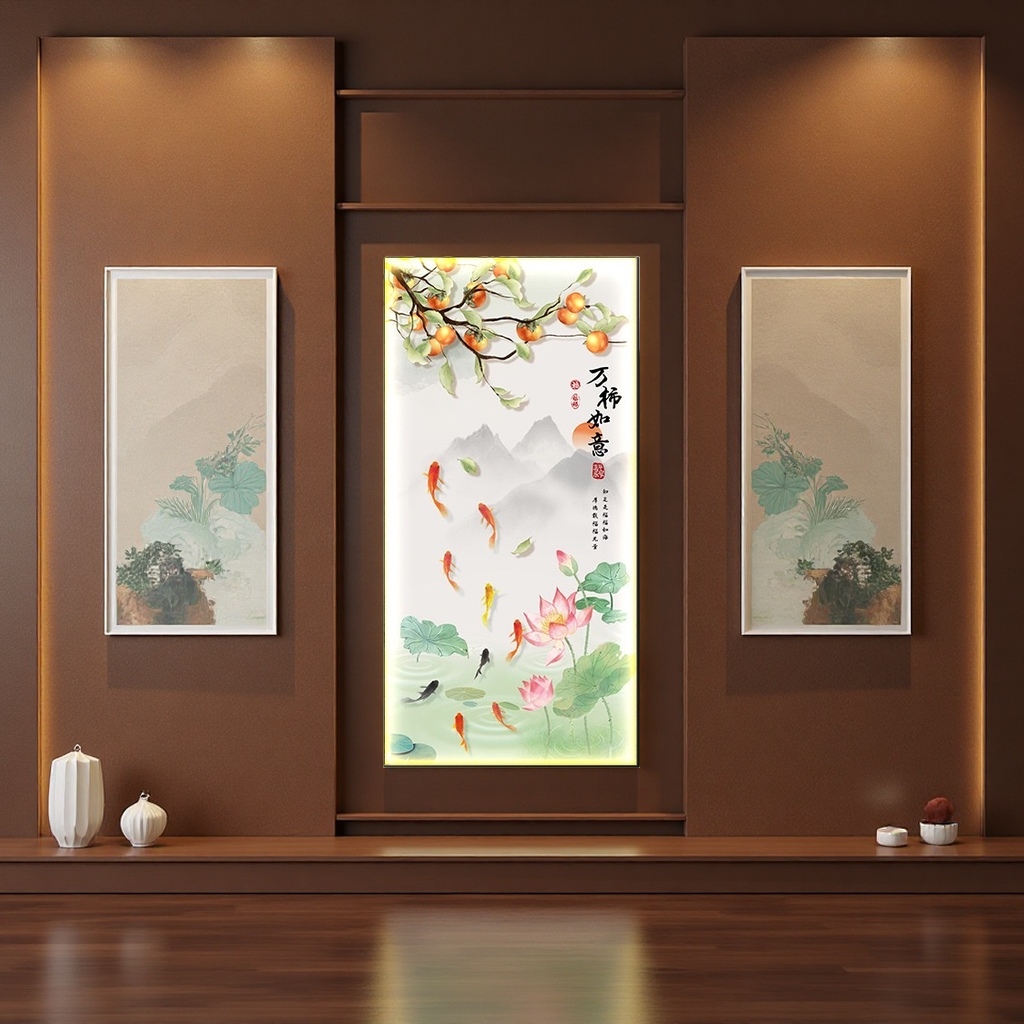 Vertical wall hanging of ink-wash painting style persimmon swimming fish lotus decorative painting, calligraphy of "Ten Thousand persimmons as One Wishes", distant mountains and clouds Application Scenario